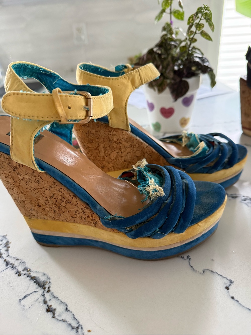 Women's Blue and Yellow Cork Wedge Sandals. Distressed by the manufacturer.